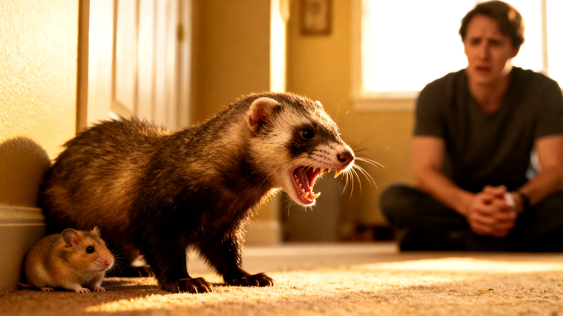 Frettchen zeigen oft aggressives oder territoriales Verhalten gegenüber anderen Haustieren, was zu Konflikten, Stress und Verletzungen führen kann, insbesondere bei kleineren Tieren wie Nagetieren oder Vögeln"